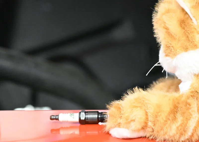 Cat stunt double checking spark plug gap.